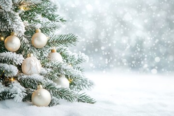 snowy winter scene with a festive christmas tree and ornaments against a soft white background evergreen tree festive atmosphere holiday decor