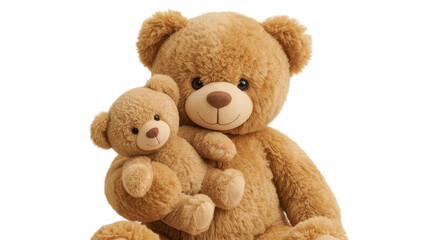 Obraz premium A large and a small brown teddy bear sitting close together on white background, conveying warmth and friendship, cute plush toys for children