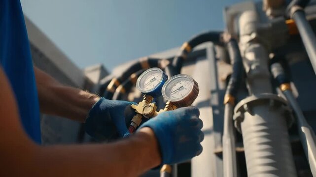 Close-up: HVAC technician's hands checking refrigerant pressure using a manifold gauge set