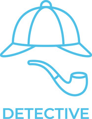 Detective vector icon with hat and smoking pipe, blue line art illustration for investigation and mystery concepts, isolated on white background.