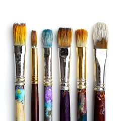 A close up view of various artist paintbrushes with colorful bristles