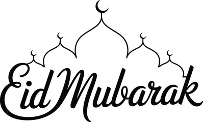 Elegant black calligraphic Eid Mubarak text is adorned with multiple mosque silhouettes and crescent moons on white