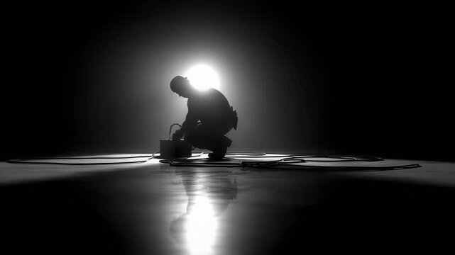 Strong Silhouette of Electrician Working on Electrical Box Under Spotlight