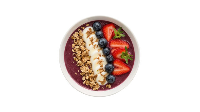 Delicious acai bowl topped with granola yogurt blueberries and sliced strawberries in a white bowl on a clean white background - Powered by Adobe
