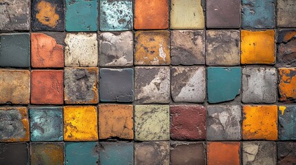 A collection of abstract backgrounds featuring overlapping square tiles with various stone and ceramic textures. Ideal for wall coverings, flooring concepts, and modern material design.