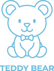 Blue outline teddy bear vector icon sitting with bow tie, cute animal toy illustration for kids, isolated on white background.