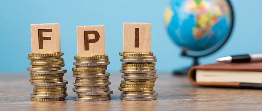 "FPI (Foreign Portfolio Investment) concept with wooden blocks on stacked coins, globe and diary in background - International Finance"