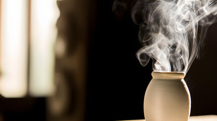 soliloquy. White smoke rising from a simple ceramic incense burner in soft indoor light. event programs, museum guides, designed for cultural heritage projects and event programs, supports education.