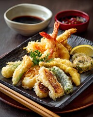 Cinematic Japanese tempura with shrimp and vegetables in premium restaurant lighting