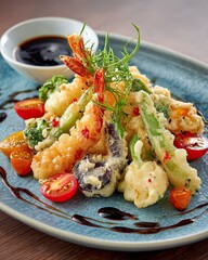 Premium Japanese tempura platter with shrimp and seasonal vegetables in restaurant setting