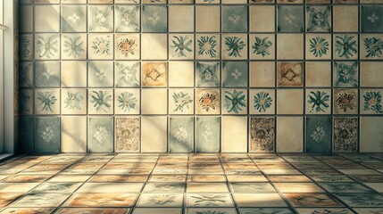 A set of backgrounds featuring intricate vintage Asian tile patterns embedded in weathered walls. These decorative, ornamental designs add a touch of history and cultural elegance.