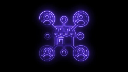 Neon storefront icon connecting to networked people expanding retail market reach concept animation