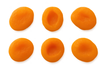 Six bright orange dried apricot halves arranged in two rows on transparent background