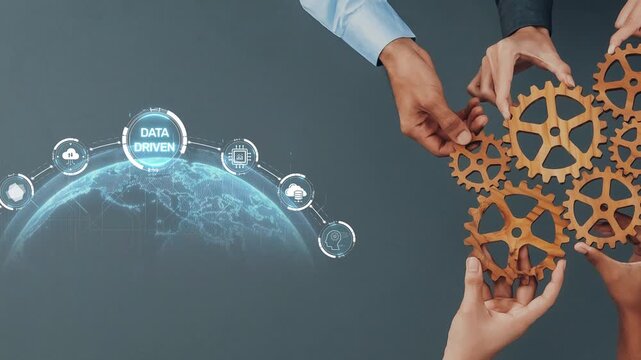 This image showcases hands working together with gears and a visual representation of data-driven strategies, symbolizing collaboration for innovative technology solutions. Raster