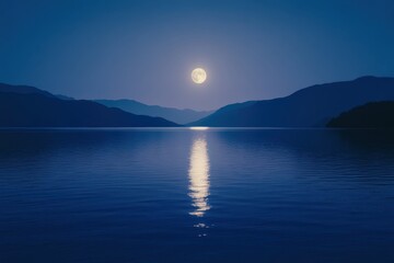 Moons reflection shimmering on calm lake water