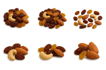Six piles of mixed nuts and dried fruit: almonds, cashews, and raisins