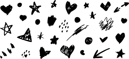 Fototapeta premium A black and white drawing of stars and hearts. The drawing is full of different shapes and sizes of stars and hearts. The overall mood of the drawing is playful and whimsical
