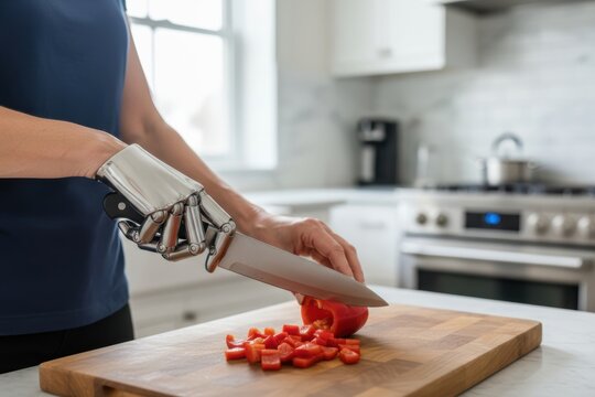 A robot hand expertly slices red bell pepper on a wooden cutting board. The kitchen features bright light, modern appliances, and a clean countertop, creating a seamless cooking environment