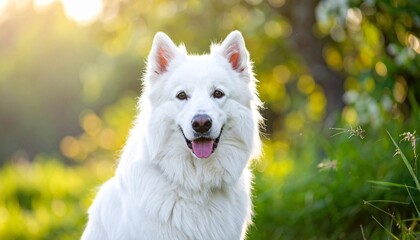 Obraz premium Beautiful White Dog Smiling in the Sunlight, Happy and Playful, Outdoor Portrait.