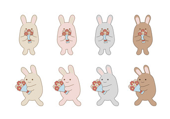 ゆるいシンプルうさぎの 花束 お祝い グレージュ くすみピンク 他4色 線画セット 背景透過PNG