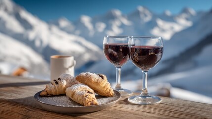 Enjoying a delightful afternoon treat, fresh pastries dusted with sugar are accompanied by two glasses of red wine, all framed by majestic snow-capped peaks under a clear sky