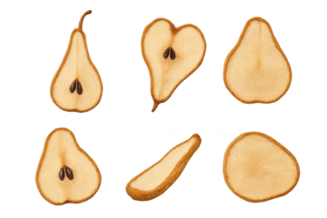 Six pear slices rendered in soft watercolor, warm beige tones