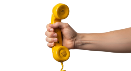 Hand holding a telephone receiver isolated on a transparent background