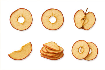Assorted dried apples arranged as circular rings and slices on transparent background