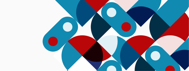 Abstract geometric pattern. Overlapping circles, semicircles create dynamic composition. Red, blue, gray tones dominate design. Minimalist aesthetic.