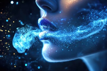 Female lips in profile exhaling magical glowing blue smoke with sparkles and light particles against dark background, creating ethereal flowing effect.