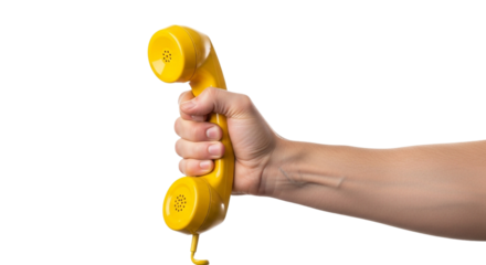 Hand holding a telephone receiver isolated on a transparent background