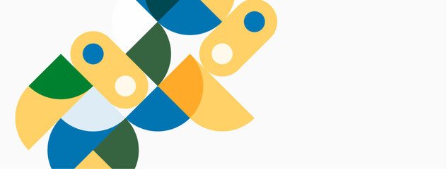 Abstract shapes overlap, creating colorful design. Yellow, green, orange, blue hues dominate white background. Modern aesthetic.