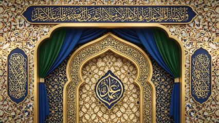 Islamic Archway adorned with intricate calligraphy and ornate golden patterns creating a sacred atmosphere