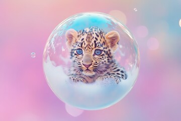 Playful baby leopard inside a transparent soap bubble surrounded by foam on a pastel background, ideal for wildlife, fantasy, and soft artistic ...