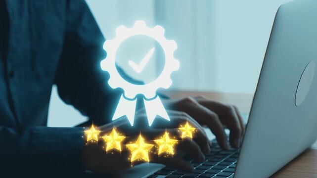 A professional working on a laptop, featuring a glowing certification symbol and stars, symbolizes achievement and quality in a modern office setting. Qubit
