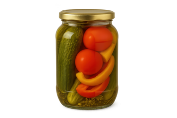 Glass jar of mixed pickled vegetables with cucumber, peppers, and tomatoes