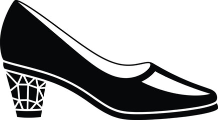 Fototapeta premium Professional black pumps with unique crystal style block heel vector silhouette for formal office wear and evening party fashion isolated on white background.