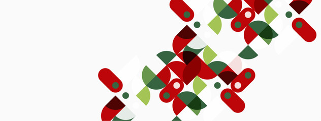 Abstract geometric shapes, red, green, black. Minimalist design with overlapping circles, rectangles, lines. Clean aesthetic, simple composition.