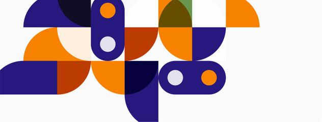Abstract geometric shapes, orange, purple, gray. Minimalist design, clean lines, modern aesthetic. Composition focuses on curves, circles, segments.