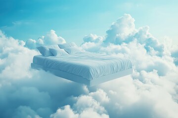 Bed floats on soft blue fluffy clouds in sky. Peaceful scene suggests good sleep and comfort. Image evokes deep sleep and dreams. Symbolic of rested feeling. Beautiful imagery of home and ...