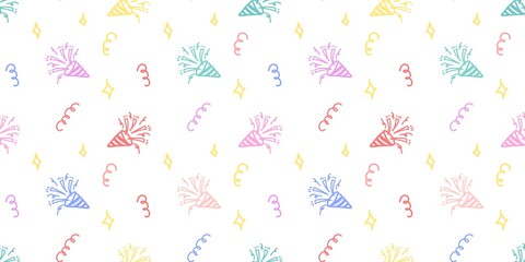 Fototapeta premium Colorful seamless party popper pattern with hand drawn confetti, streamers, and sparkles on white background. Cute playful illustration for celebration, birthday, kids design, wrapping paper.