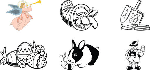 Collection of diverse holiday and cultural celebration clip art featuring an angel a cornucopia a dreidel easter eggs a bunny and a man with a stein