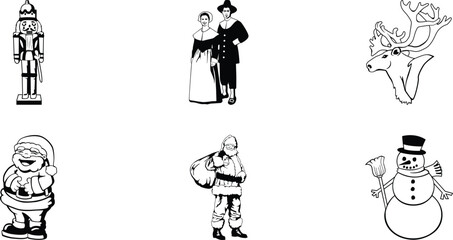 Collection of black and white holiday and historical vector icons featuring santa claus nutcracker pilgrim couple reindeer and snowman designs