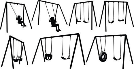 A collection of swing set silhouettes showcasing various designs and features