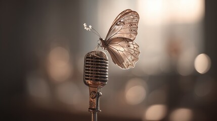vintage microphone with a butterfly, a symbol of achievement