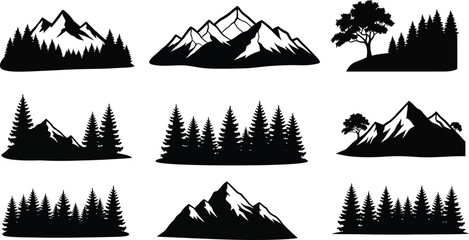 Black silhouette illustrations of mountains trees and coniferous forests © mst