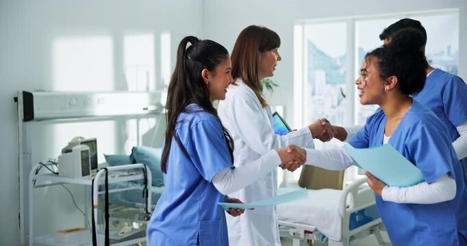 People, medical team and meeting with handshake for healthcare procedure, help or support in clinic. Group, health workers or shaking hands with introduction for onboarding or merger in hospital