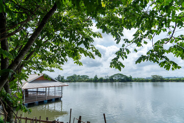 serene lakeside view featuring wooden pavilion surrounded by lush greenery and calm waters, perfect for relaxation and nature appreciation