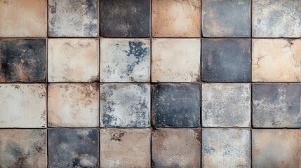 Naklejka premium A seamless texture of distressed, checkered vintage wall tiles in muted tones. Grungy, aged background perfect for retro kitchens, bathrooms, or adding a rustic, weathered effect.