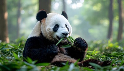 Obraz premium A Giant Panda Enjoying a Meal of Bamboo in a Lush Forest Setting